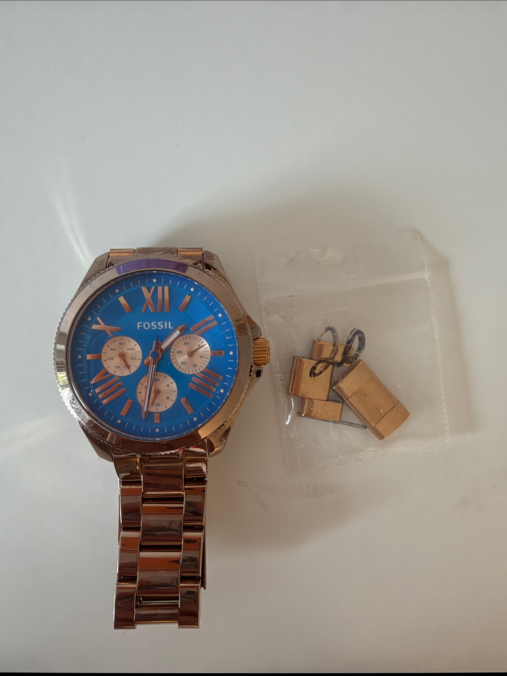 Fossil Blue Dial Rose Gold Chronograph Bracelet Watch